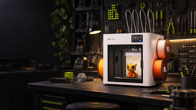 3D tiskárna s vytištěnou oranžovou postavičkou v dílně